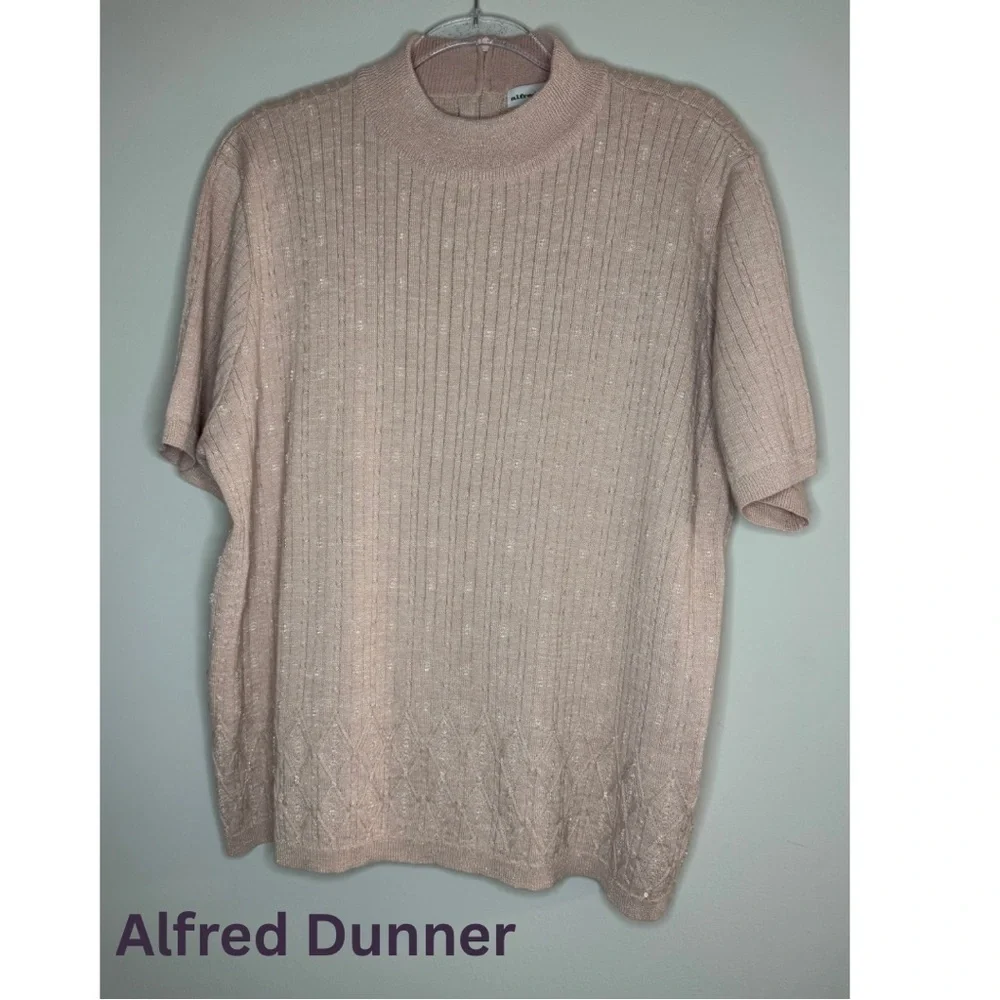 Alfred Dunner Pink Knit Short Sleeve Sweater Ribbed Sparkle Vintage Y2K Retro